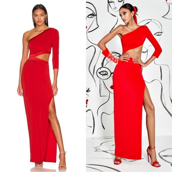 Alice + Olivia Michele One Shoulder Cutout Bright Poppy Red Maxi Dress Size 4 - Picture 1 of 12